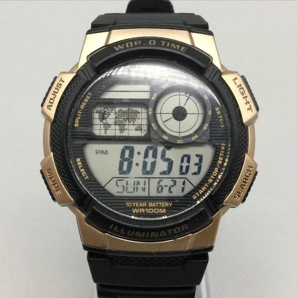 Casio 3198 AE1000W Mens Watch 43mm Gold World Time Illuminator 100M Black